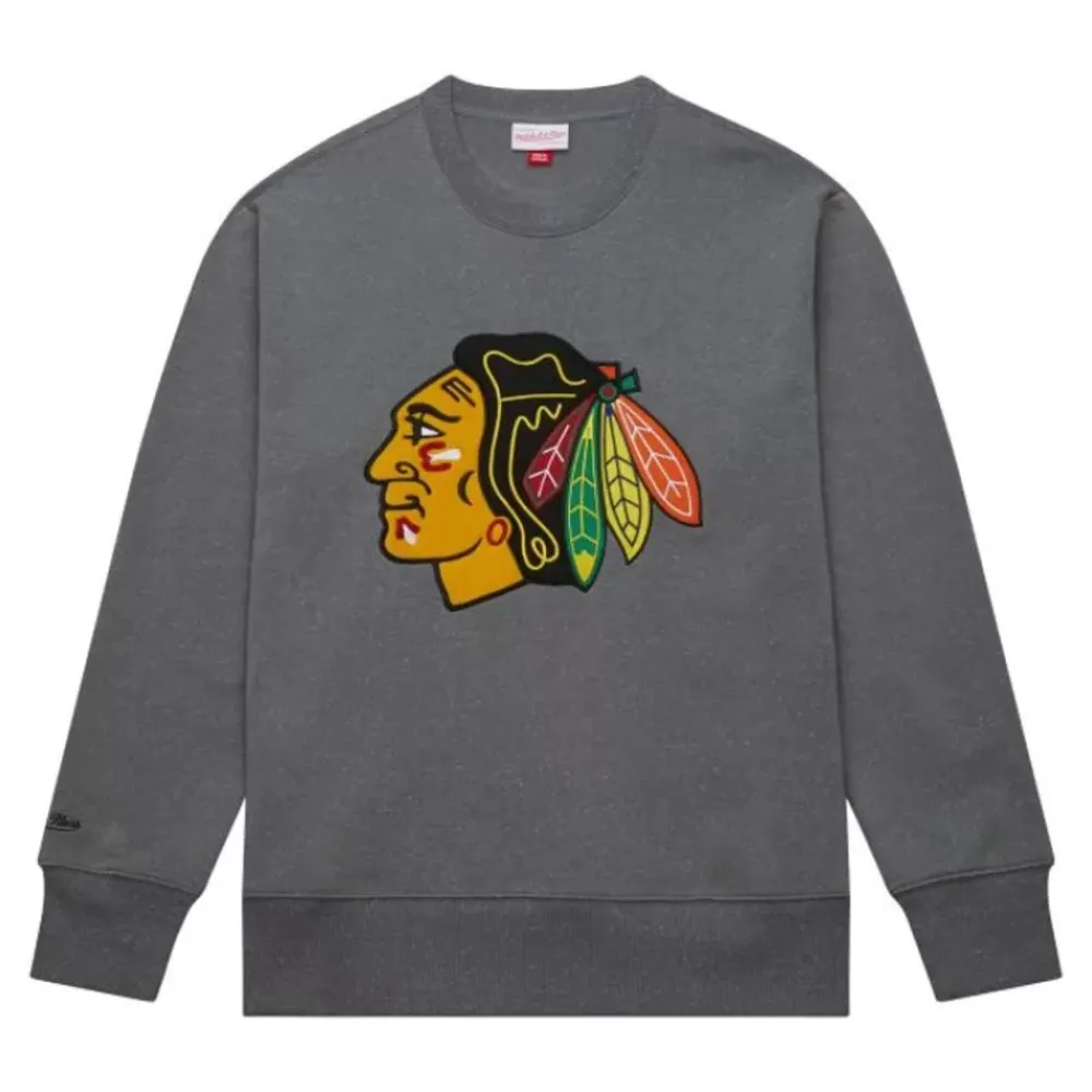 Apparel Mitchell & Ness Hoodies & Sweatshirts-Snow Washed Fleece Crew Current Logo Chicago Blackhawks